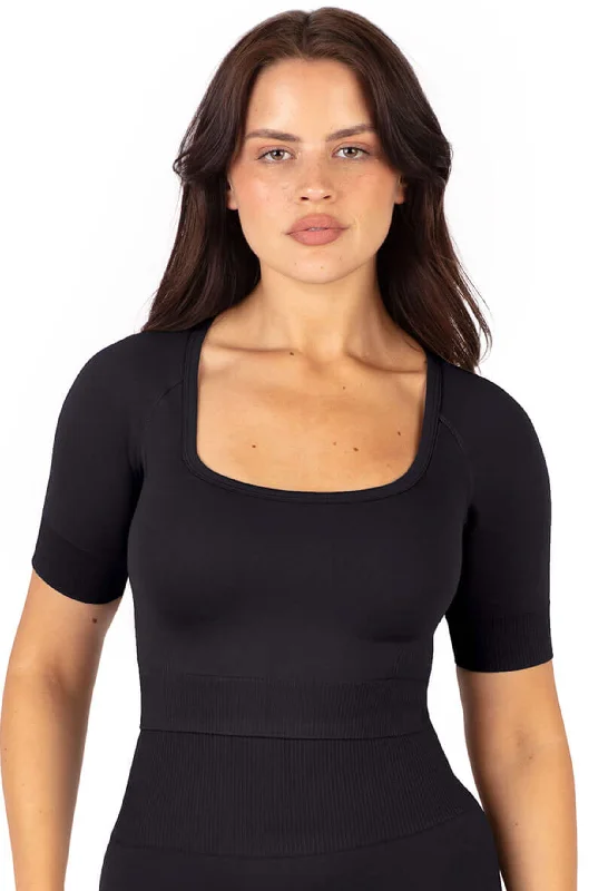 Seamless Square Neck Short Sleeve Crop Top Artistic Women's Hand - painted