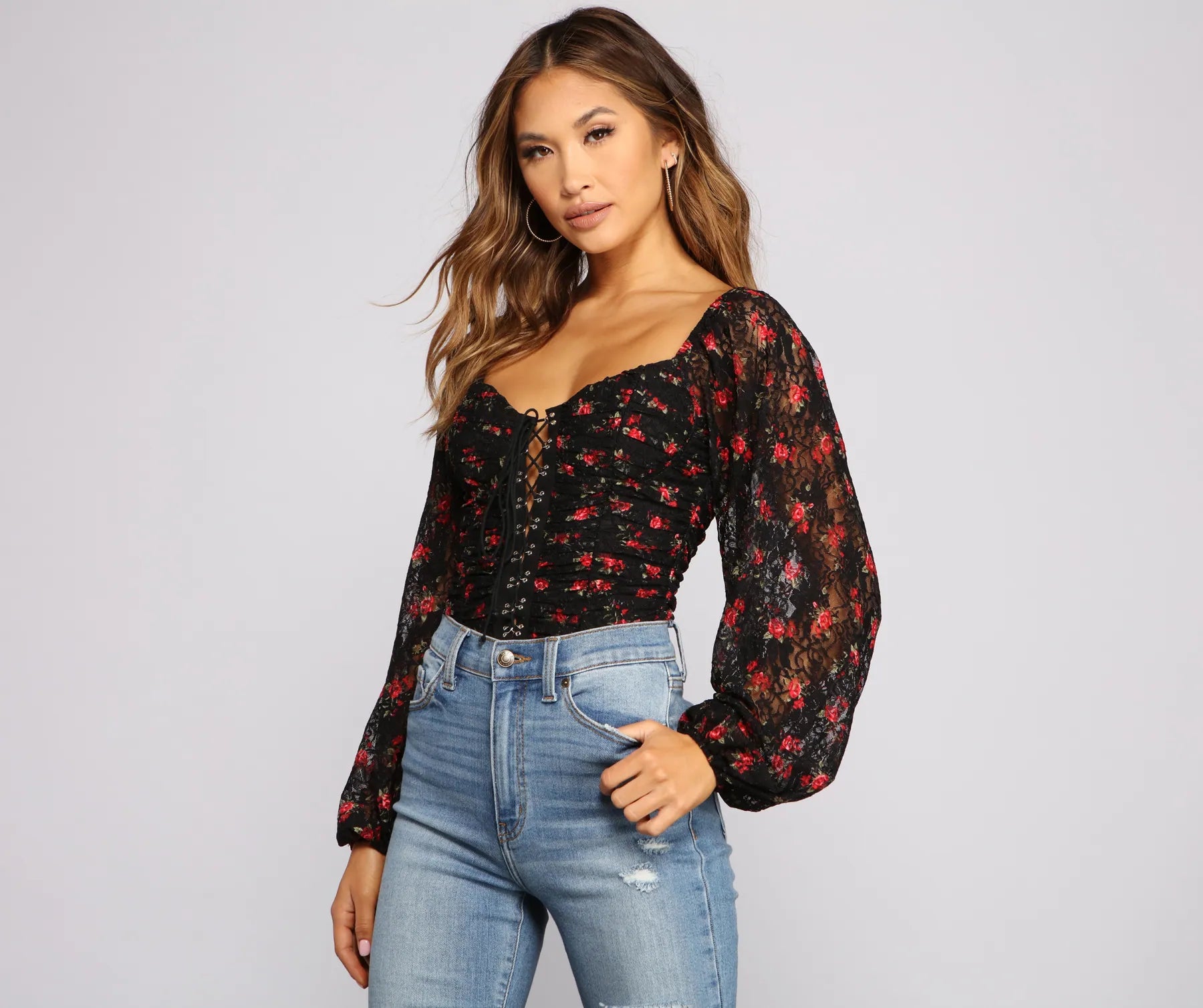 Floral Passion Lace-Up Bodysuit Preppy Women's College