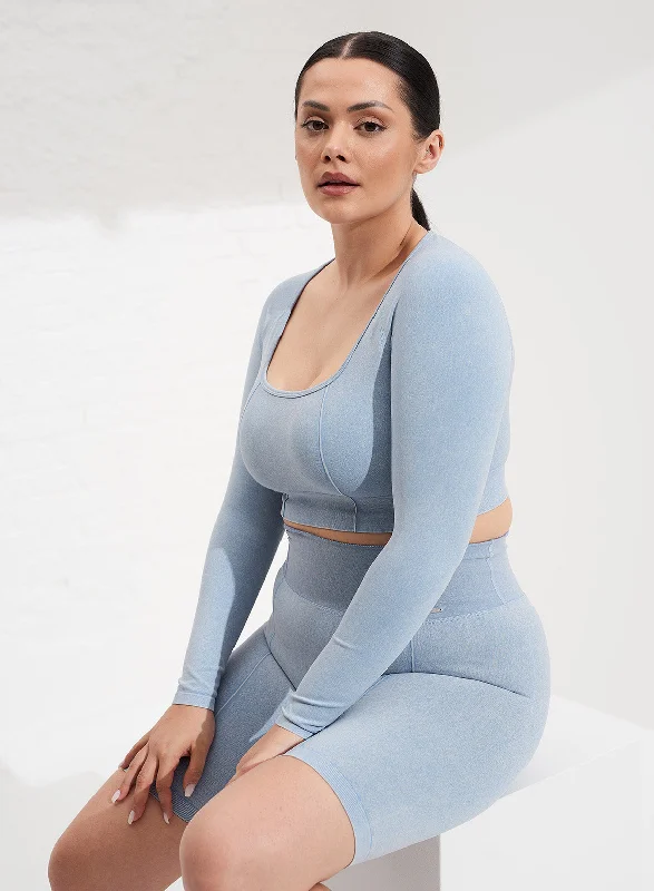 Washed Light Denim Seamless Crop Long Sleeve British Gentlewoman Style