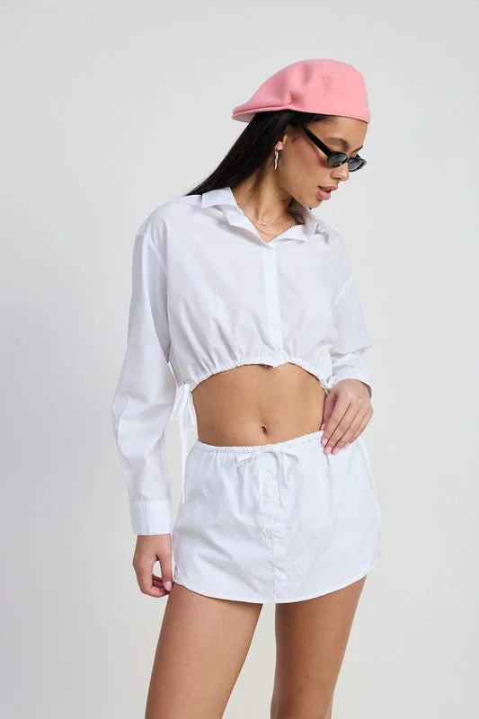 BUTTON UP CROPPED SHIRT WITH DRAWSTRINGS Trendy Women's 