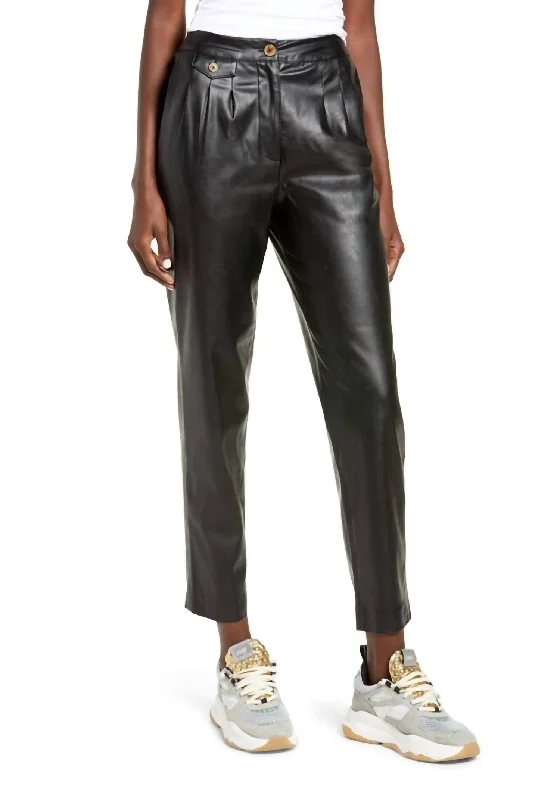 Women's Faux Leather Pleated Trouser W/ Back Pockets In Black Dynamic Women's High - energy