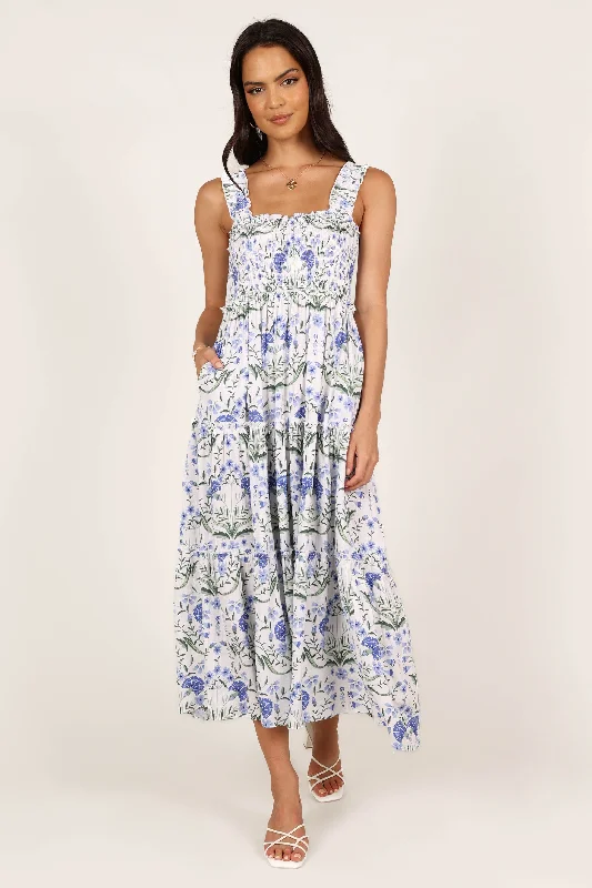 August Shirred Maxi Dress - Blue Floral