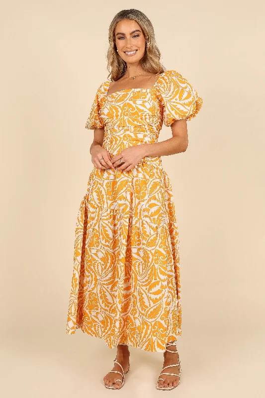 Gaylia Puff Sleeve Midi Dress - White/Orange