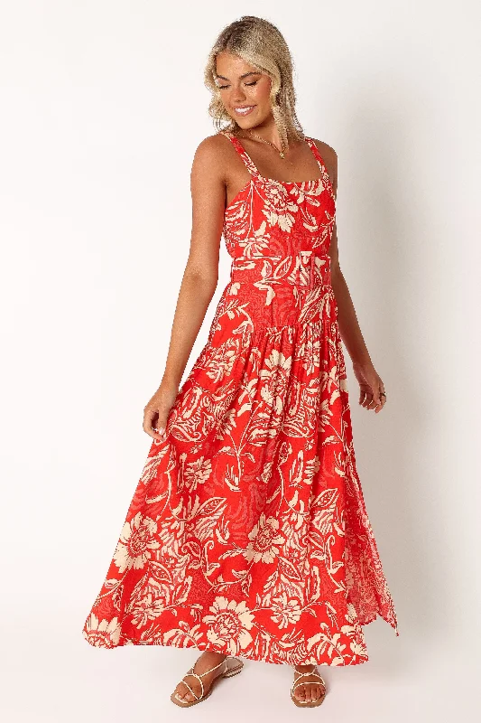 Loretta Belted Midi Dress - Red Floral