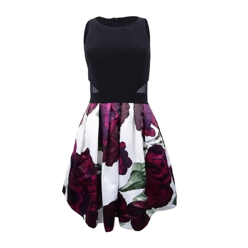 X By Xscape Women's Illusion Floral-Print Fit & Flare Dress (2, Black/Mag/White)