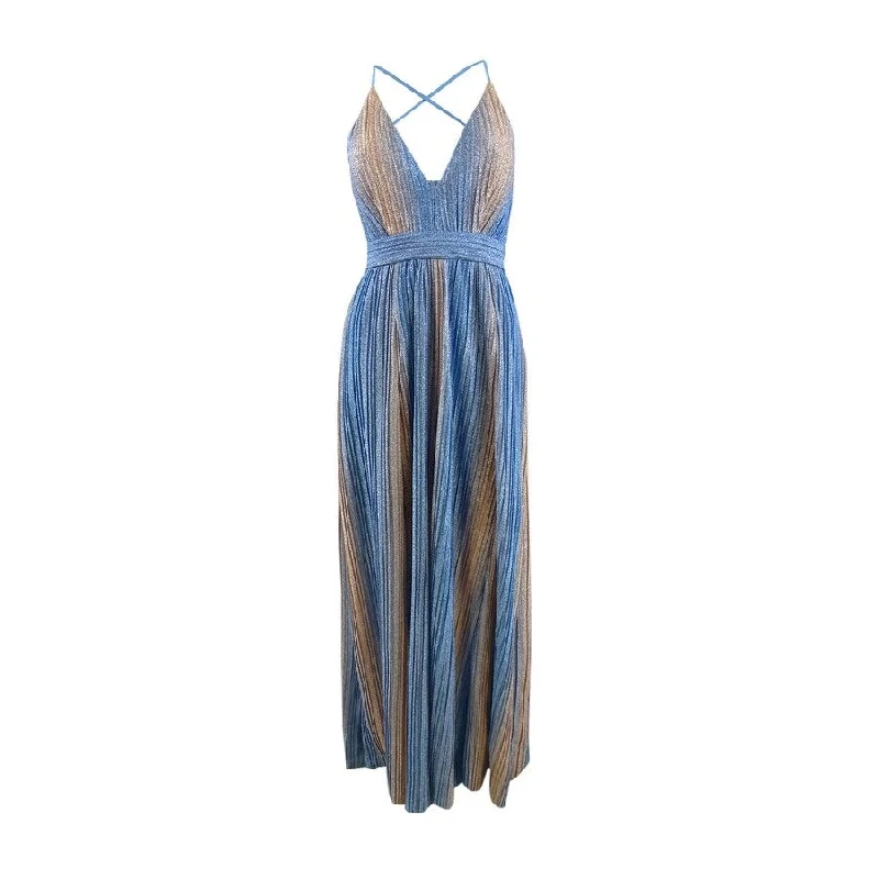 Xscape Women's Metallic-Stripe Gown (2, Rose/ Blue)