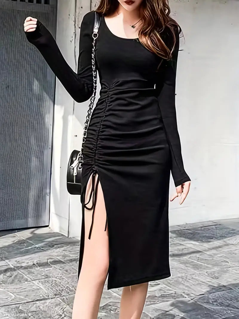 Black Crew Neck Long Sleeve Split Drawstring Dress