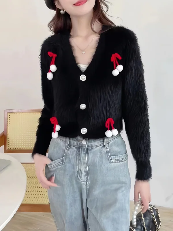 Black Festive Elegance Warm V Neck Sweater