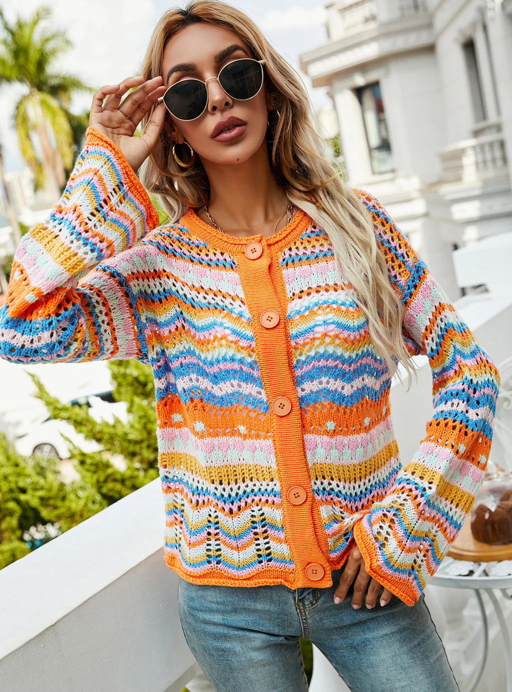 CLASSY WOMEN LOOSE RAINBOW STRIPED SWEATER