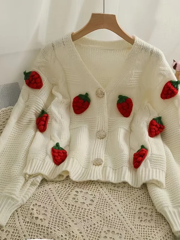 Embroidered Strawberry Crochet Long-sleeved Knitted Cardigan