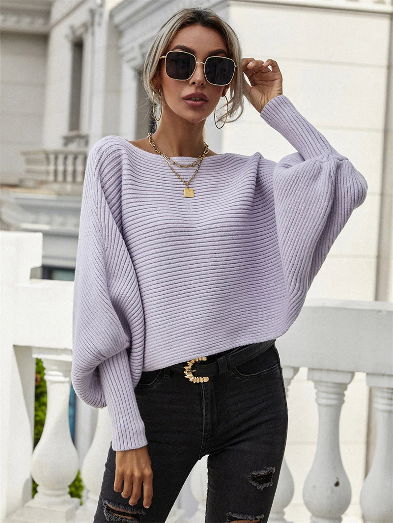 FASHION LOOSE SOLID COLOR BAT SLEEVE SWEATER