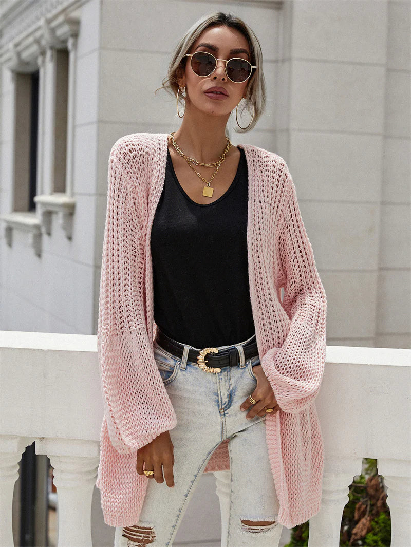 FASHION SOLID COLOR CARDIGAN FLARED SLEEVE SWEATER