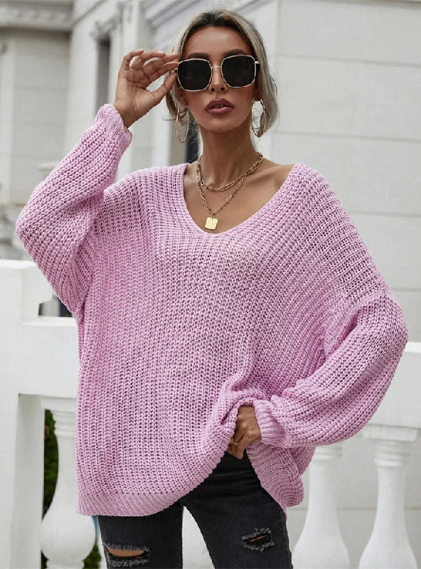 FASHION SOLID COLOR PULLOVER V-NECK LOOSE SWEATER