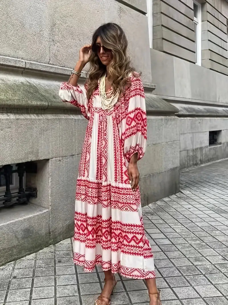 Red Print Boho Puff Sleeve Maxi Loose Dress