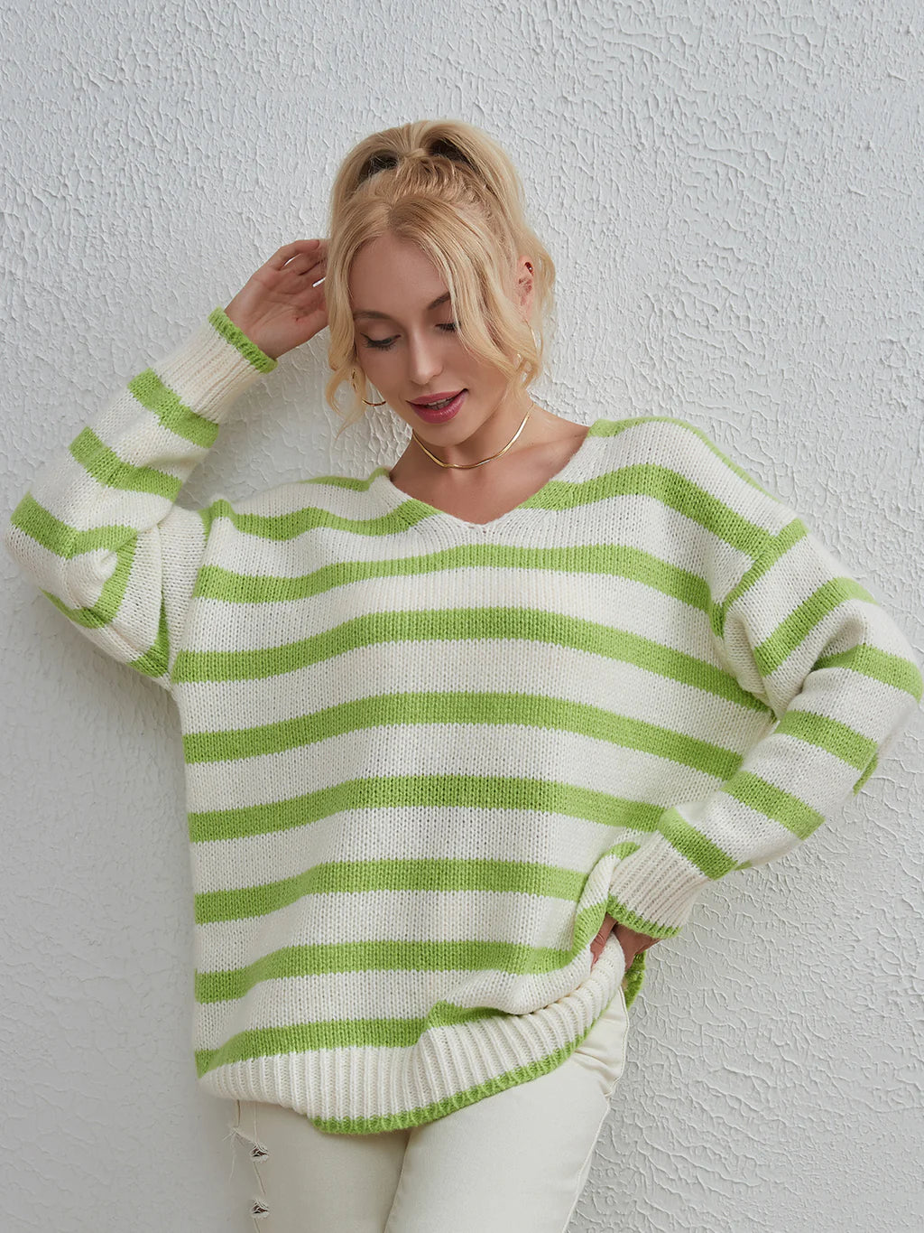 STYLISH FASHION V-NECK STRIPED LOOSE PULLOVER SWEATER