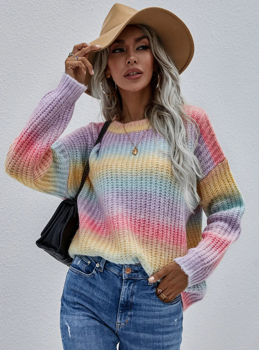 STYLISH PULLOVER STRIPED ROUND NECK RAINBOW SWEATER