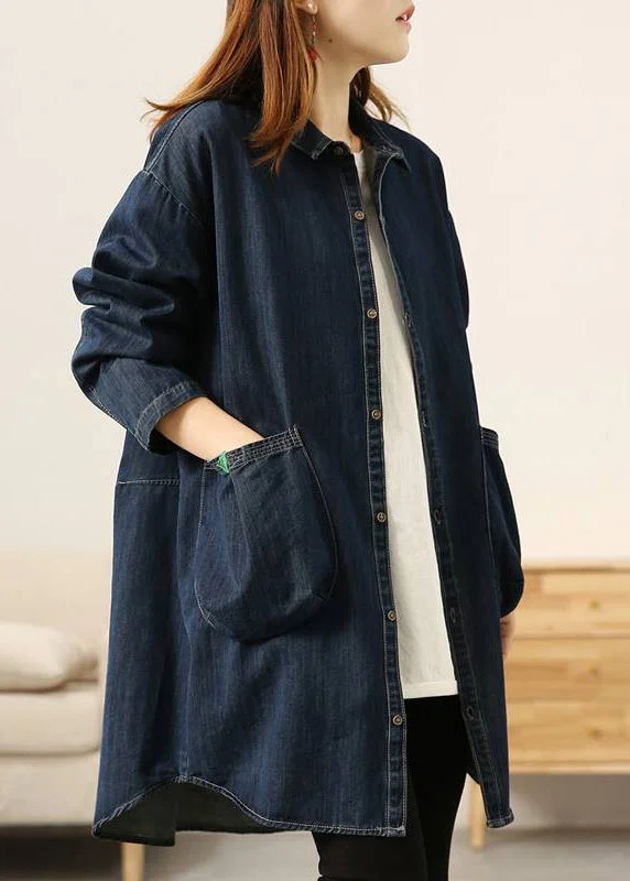 Casual Peter Pan Collar Button Pockets Cotton Denim Coats Long Sleeve purpose