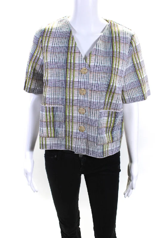 Catherine Andre Womens Short Sleeve Knit Plaid V Neck Jacket Green White Large