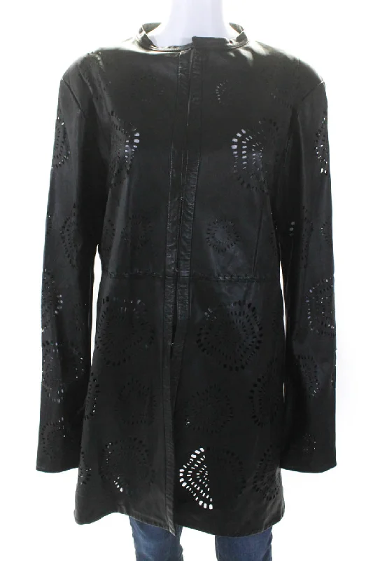 In Transit Womens Long Hook & Eye Cutout Leather Crew Neck Jacket Black