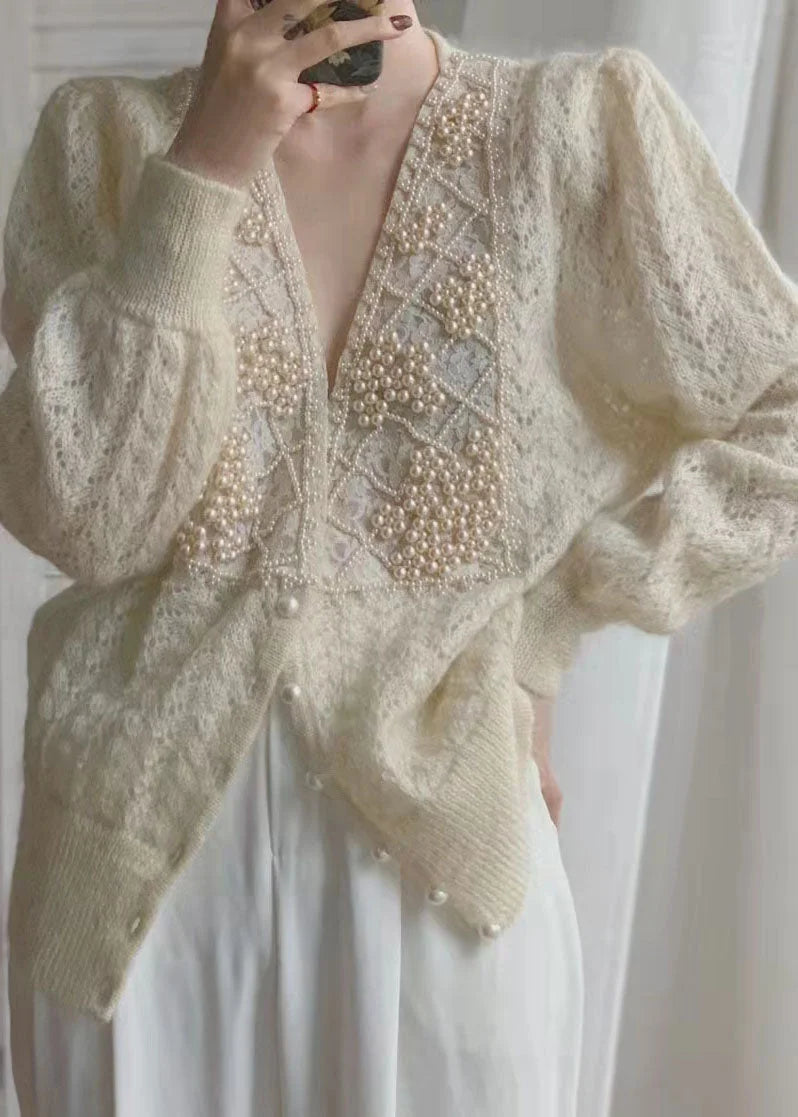 Loose Beige V Neck Pearl button thick Knit coat Long Sleeve