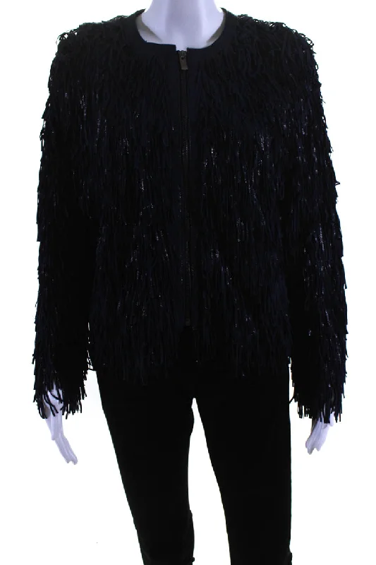 Natto Womens Metallic Suede Fringe Crew Neck Full Zip Jacket Navy Blue Medium