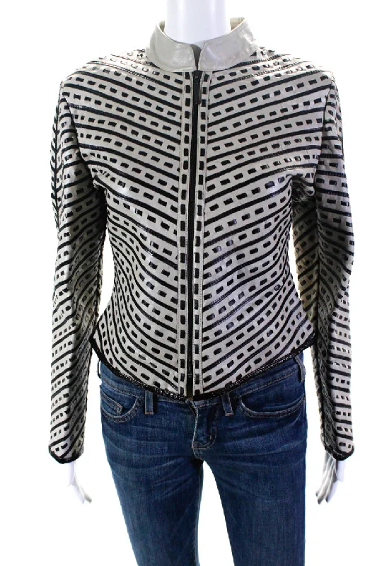 Natto Womens Woven Leather Stripe High Neck Full zip Jacket Gray Black Medium