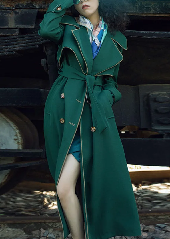 Natural Blackish Green Notched Patchwork Long Sashes Trench Coats Long Sleeve