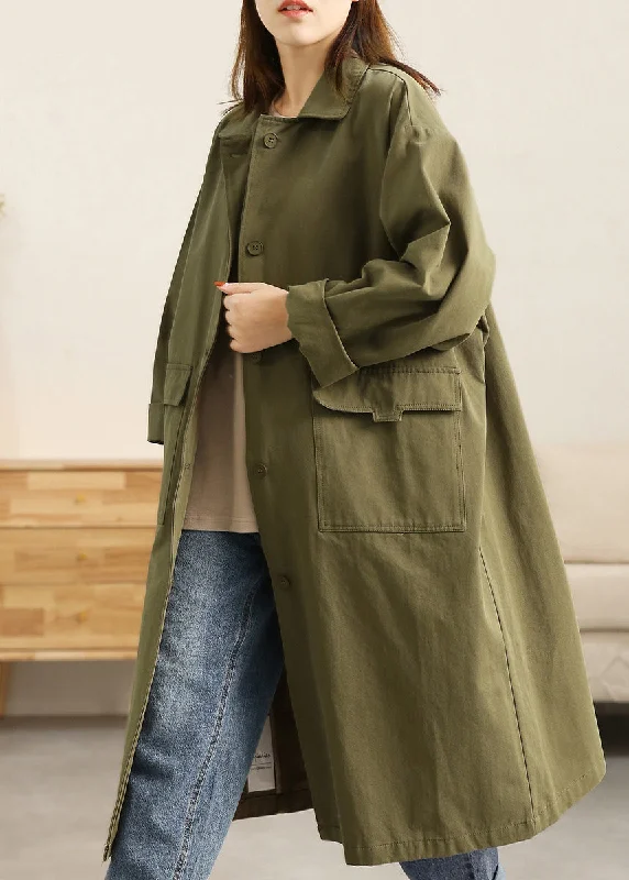 Plus Size Green Peter Pan Collar Button Pockets Cotton Trench Coats Long Sleeve