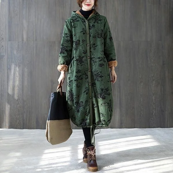 plus size hooded Cotton vintage floral casual long loose autumn winter jacket clothes