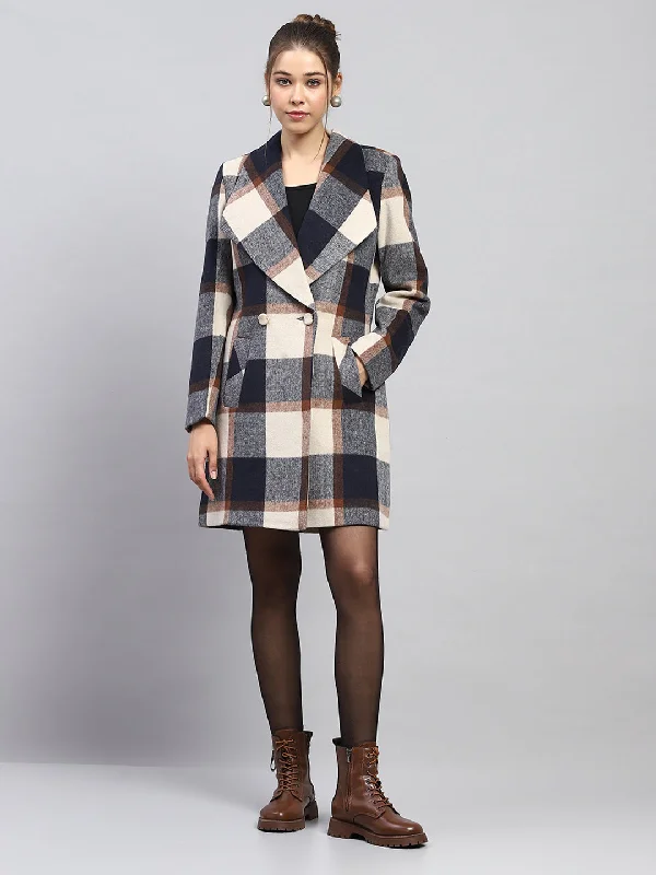 Women Navy Blue Check Notch lapel Collar Full Sleeve Coat