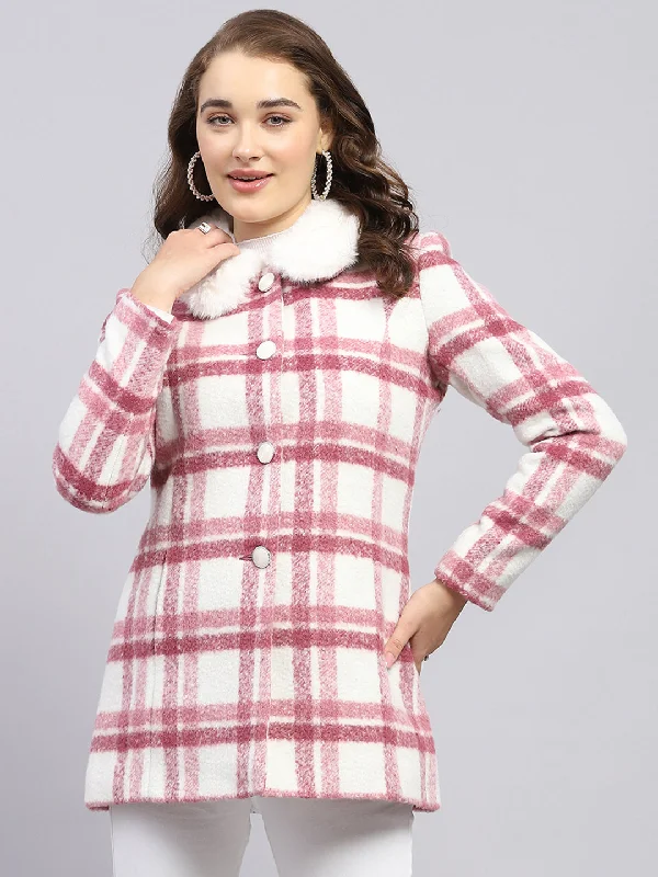 Women Pink Check Collar Full Sleeve Coat