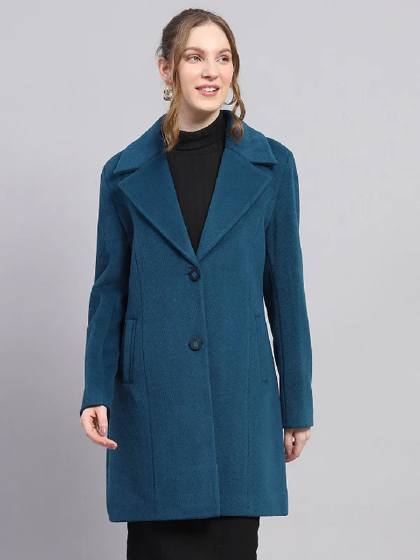 Women Teal Blue Self Design Notch lapel Collar Full Sleeve Coat