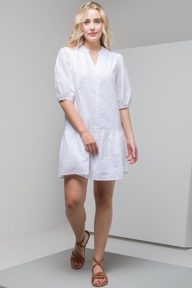 Anglaise Puff Sleeve Belted Dress White Trendy Women's 