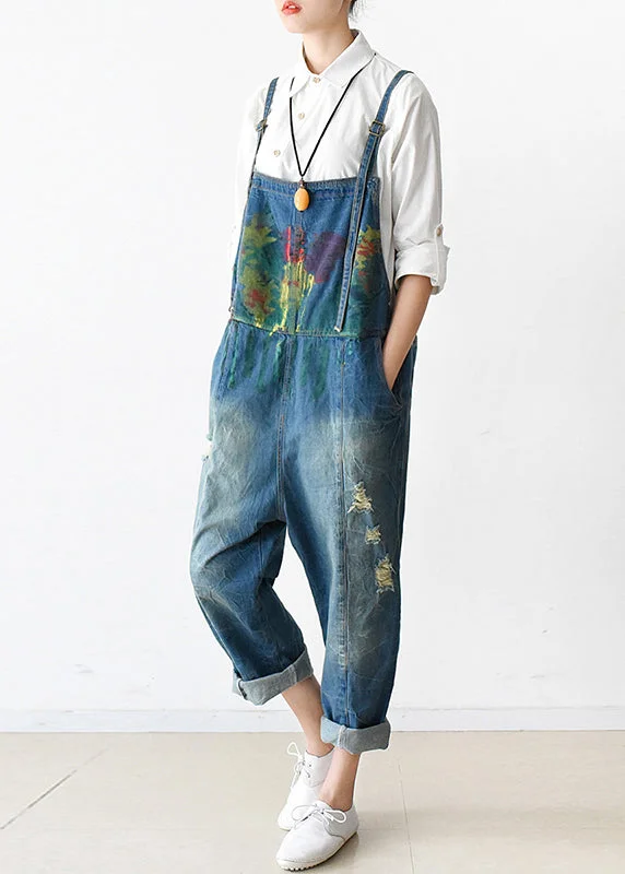 Art Blue Graffiti Denim Strap Jumpsuit Ripped Jeans Fall Sharp Women's Italian