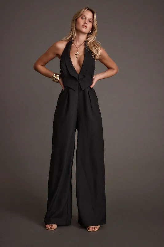 Astoria Black Plunge Halter Tailored Jumpsuit Vacation