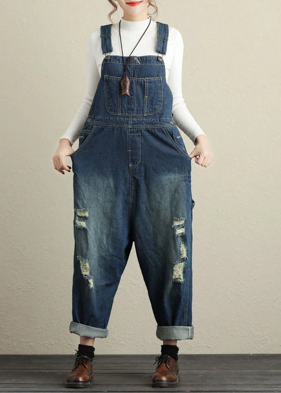 Navy Pockets Patchwork Denim Jumpsuits Spring Adventure