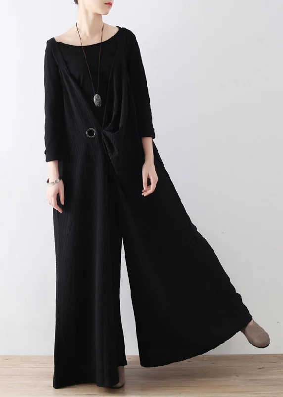 Black Striped Tie Waist Wide Leg Jumpsuits Fall Business
