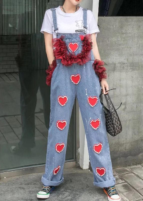 Blue Patchwork Spaghetti Strap Denim Jumpsuits Tulle Ruffled Heart Nail Bead Summer Refined Women's Velvet Blue Patchwork Spaghetti Strap Denim Jumpsuits Tulle Ruffled Heart Nail Bead Summer Refined Women's Velvet