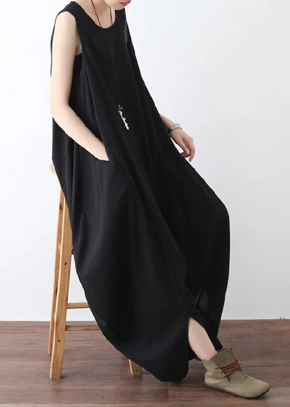 Bohemian Black O-Neck Zip Up Draping Pocket Chiffon Jumpsuit Sleeveless Street