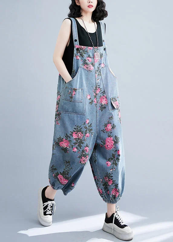 Bohemian Light Blue Oversize Print Pockets Denim Jumpsuits Summer Elegant Women's Formal Bohemian Light Blue Oversize Print Pockets Denim Jumpsuits Summer Elegant Women's Formal