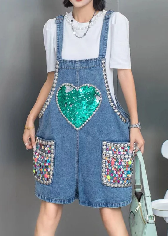Boho Blue Nail Bead Sequins Patchwork Denim Jumpsuit Shorts Summer Artistic Women's Hand - painted Boho Blue Nail Bead Sequins Patchwork Denim Jumpsuit Shorts Summer Artistic Women's Hand - painted