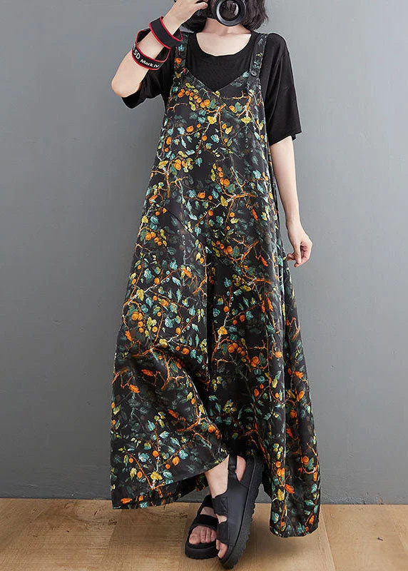 Boutique Black Oversized Print Cotton Overalls Jumpsuit Wide Leg Pants Summer Vintage Women's 1970S Boutique Black Oversized Print Cotton Overalls Jumpsuit Wide Leg Pants Summer Vintage Women's 1970S