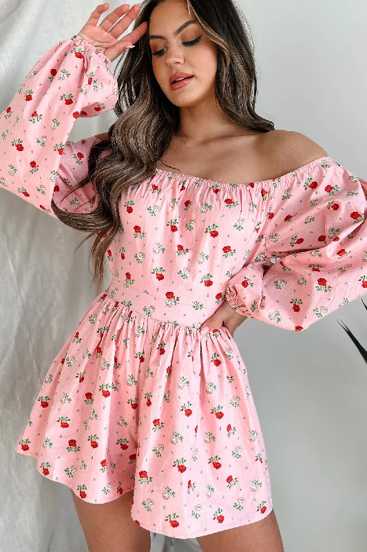 Captivating Blossoms Off The Shoulder Floral Print Romper (Pink) Streetwear Style for 