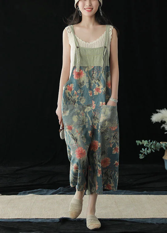 Casual Blue Pockets Patchwork Print Cotton Denim Wide Leg Pants Jumpsuit Summer Feminine Women's Style Casual Blue Pockets Patchwork Print Cotton Denim Wide Leg Pants Jumpsuit Summer Feminine Women's Style