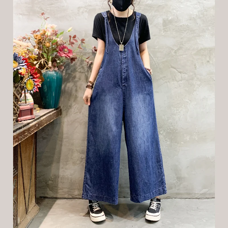 Casual Blue V Neck Cotton wide leg pants Denim Jumpsuits Spring Luxurious Women's High - end Casual Blue V Neck Cotton wide leg pants Denim Jumpsuits Spring Luxurious Women's High - end