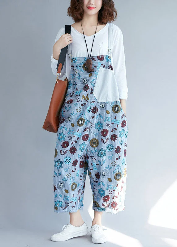 Casual light Grey pockets Patchwork Floral denim Jumpsuits Modern Women's 