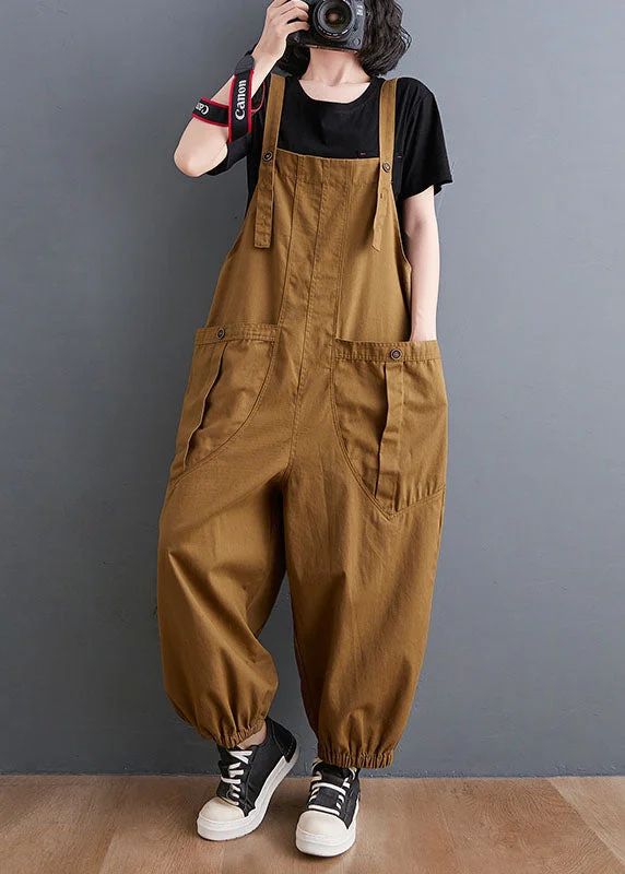 Casual Yellow Slash Neck Patchwork Pockets Harem Jumpsuit Fall Women