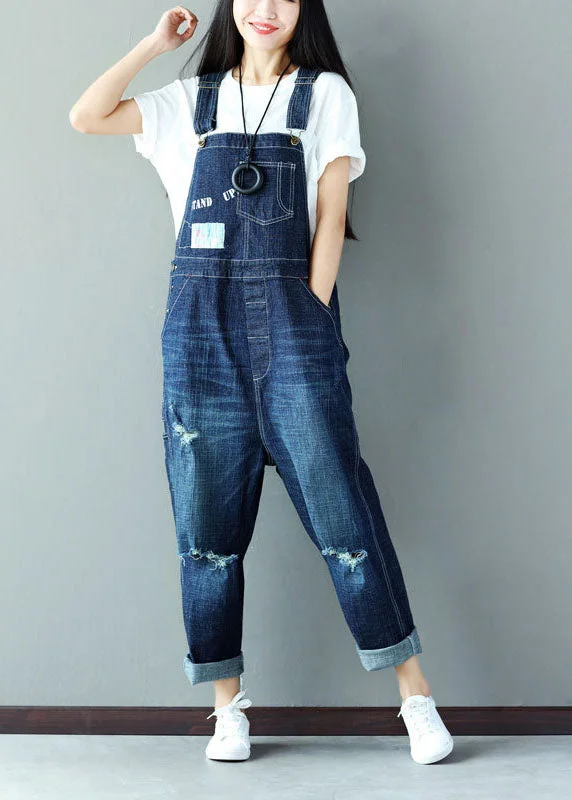Classy Blue Applique Cotton Denim Jumpsuit Ripped Jeans Spring Practical Women's Quick - dry