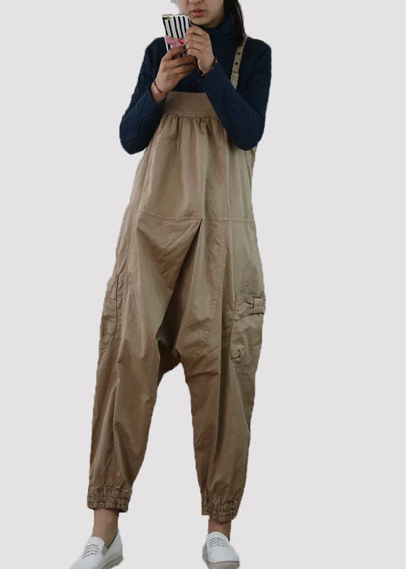 Classy Khaki Oversized Pockets Cotton Jumpsuits Spring Compression