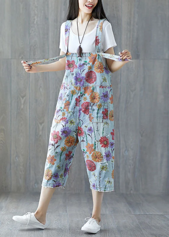 Classy light Blue pockets Floral Denim Jumpsuit Classic Women's Tweed